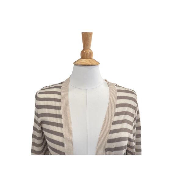Chico's Tan, Ivory Lightweight Striped Long Open Front Cardigan Sweater, M - Picture 2 of 7